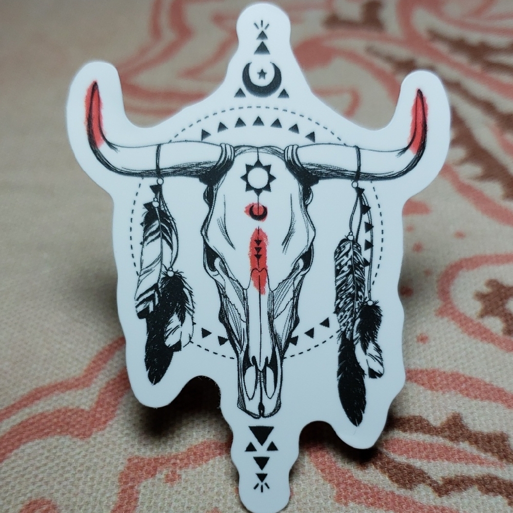 Boho Skull with Feathers Sticker Cow Skull Bull Skull Steer Skull Cowgirl (G)